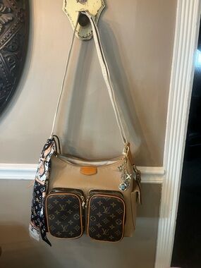 Louis Vuitton style  Tan Shoulder Bag with Monogram Front Pockets